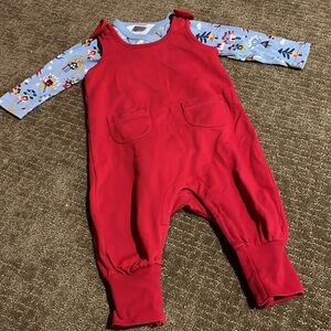 Hanna Andersson red romper and winter pattern ice blue wrap